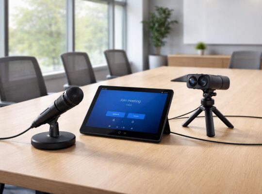 découvrez comment connecter facilement un micro et une caméra à une tablette tactile microsoft pour des réunions hybrides efficaces dans une salle équipée.
