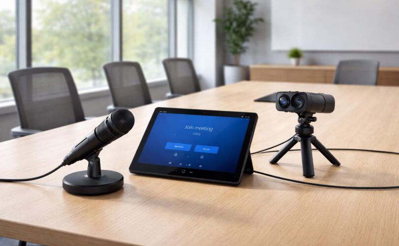 découvrez comment connecter facilement un micro et une caméra à une tablette tactile microsoft pour des réunions hybrides efficaces dans une salle équipée.