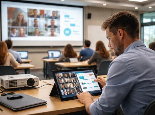 découvrez comment gérer efficacement un cours hybride en salle en utilisant une tablette windows pour piloter à la fois la visioconférence et les slides, offrant une expérience fluide et interactive.