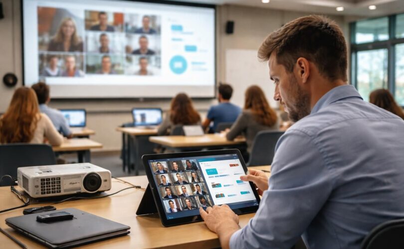 découvrez comment gérer efficacement un cours hybride en salle en utilisant une tablette windows pour piloter à la fois la visioconférence et les slides, offrant une expérience fluide et interactive.