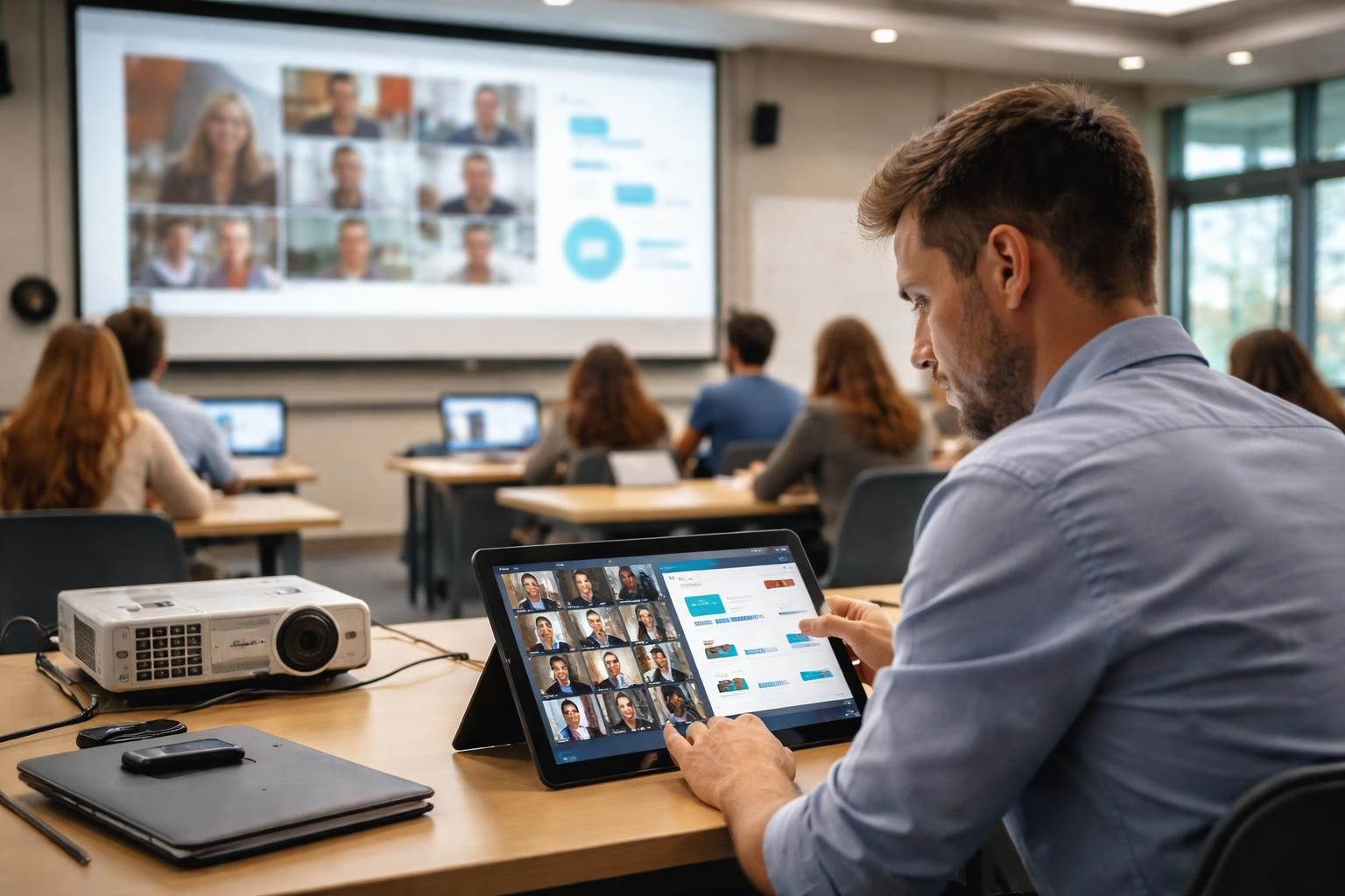 découvrez comment gérer efficacement un cours hybride en salle en utilisant une tablette windows pour piloter à la fois la visioconférence et les slides, offrant une expérience fluide et interactive.