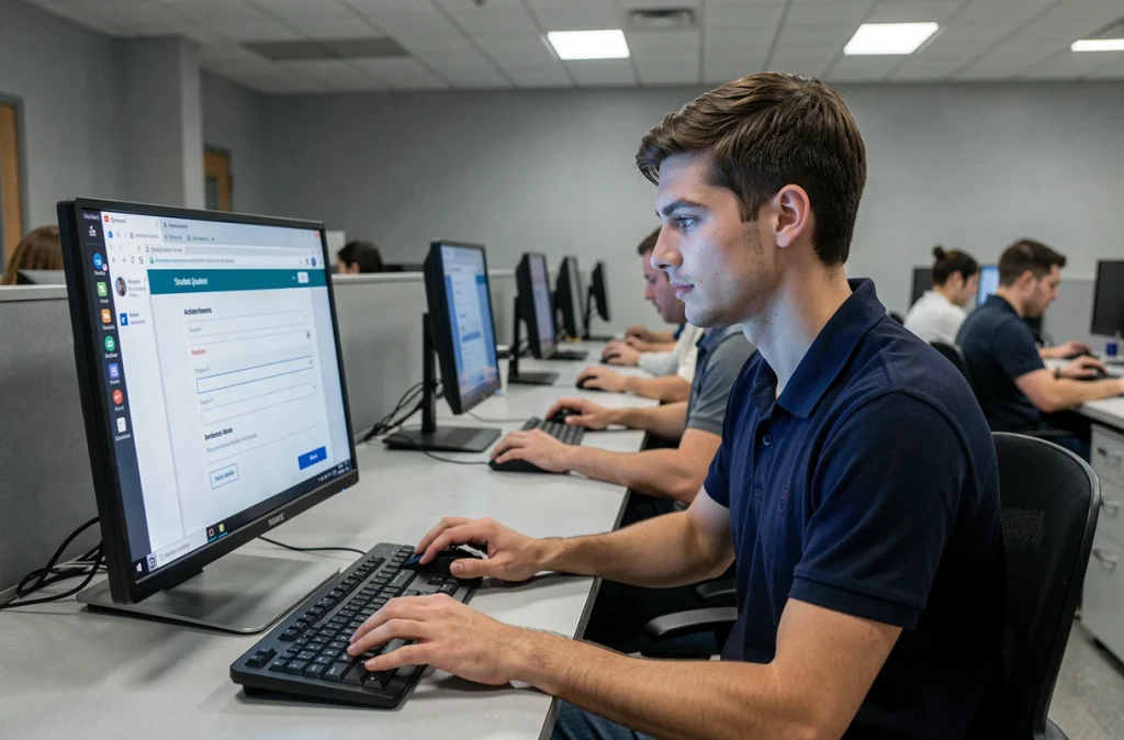 Étudiant activant son compte ENT IUT sur un poste informatique en salle de travail universitaire