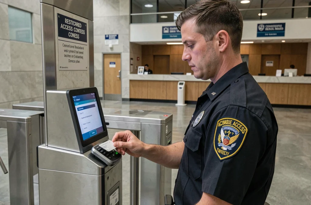 Agent de sécurité vérifiant une habilitation via lecteur de badge à un point d'accès contrôlé