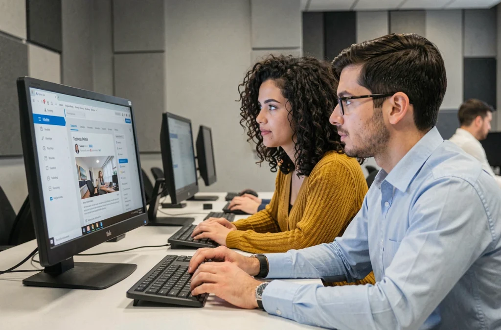 Deux apprenants adultes en salle de formation GRETA suivant un cours sur la plateforme Moodle