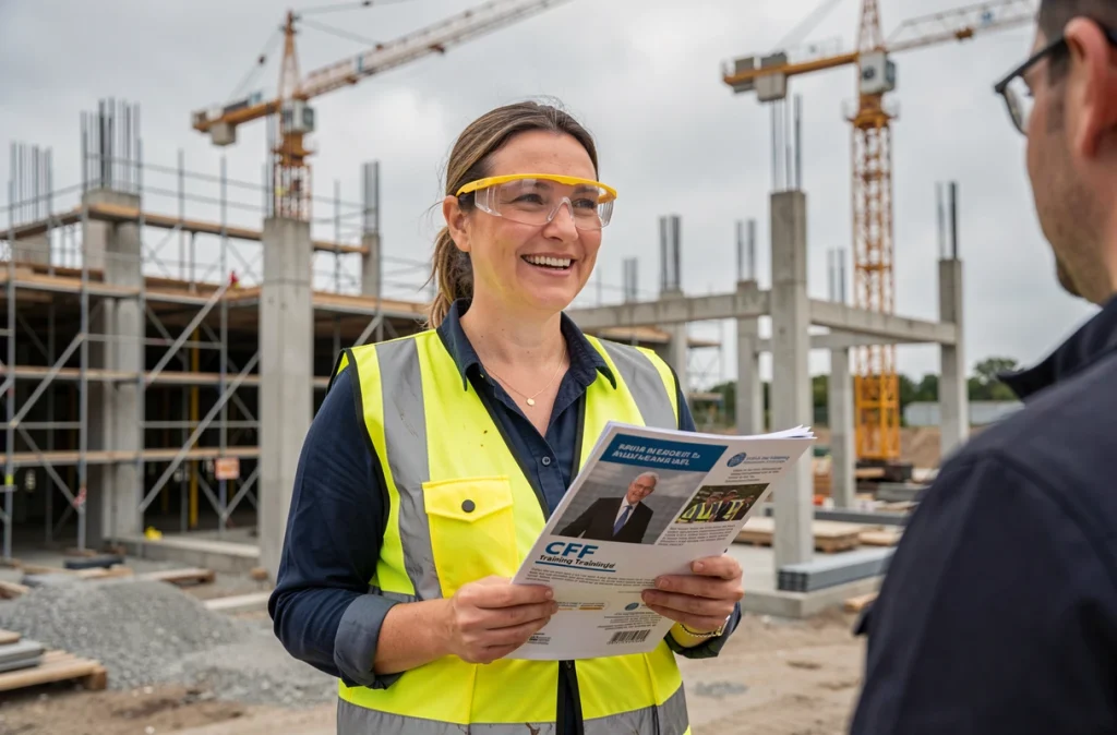 Chef de chantier femme consultant un document de formation CPF sur un site de construction avec équipements de sécurité