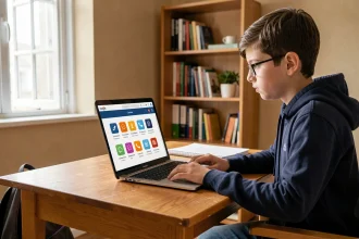 Collégien utilisant l'ENT Touraine sur son ordinateur portable dans sa chambre pour accéder à ses cours en ligne