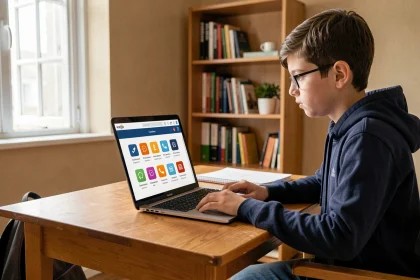 Collégien utilisant l'ENT Touraine sur son ordinateur portable dans sa chambre pour accéder à ses cours en ligne