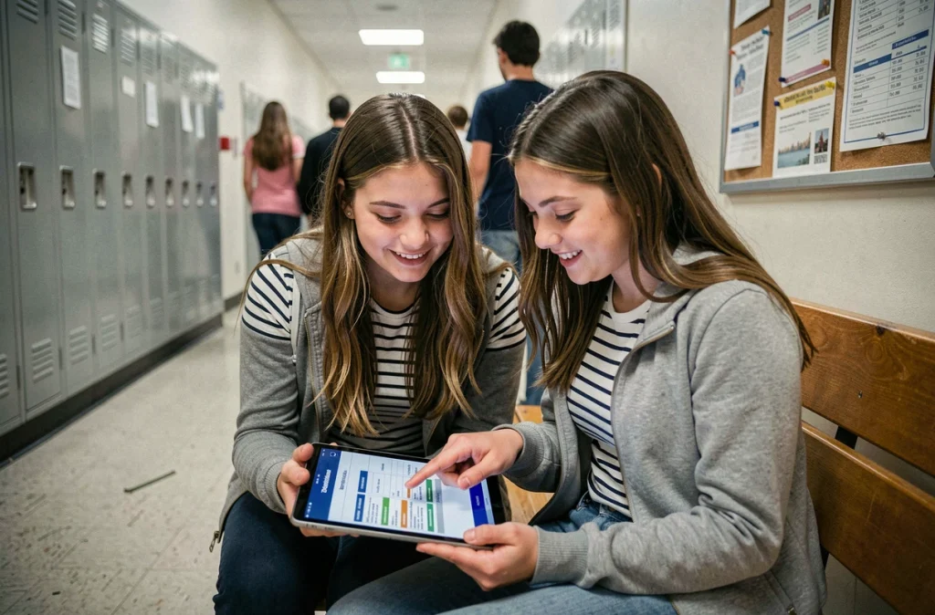 Deux collégiennes consultant l'ENT Touraine sur une tablette numérique dans le couloir de leur établissement scolaire