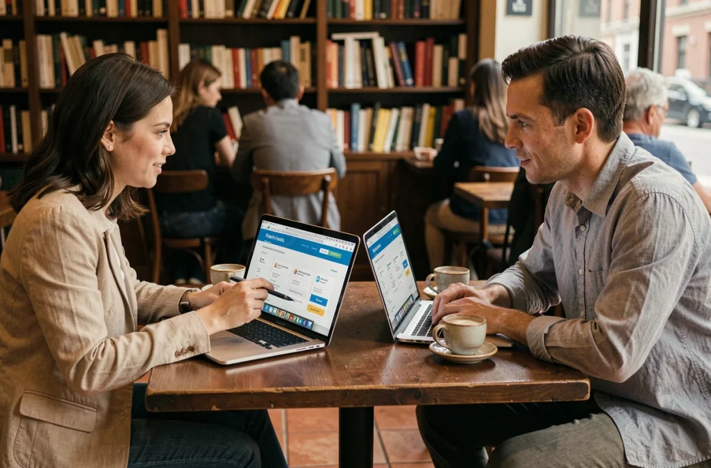 Deux collègues comparant des avis sur des plateformes de formation en ligne dans un café