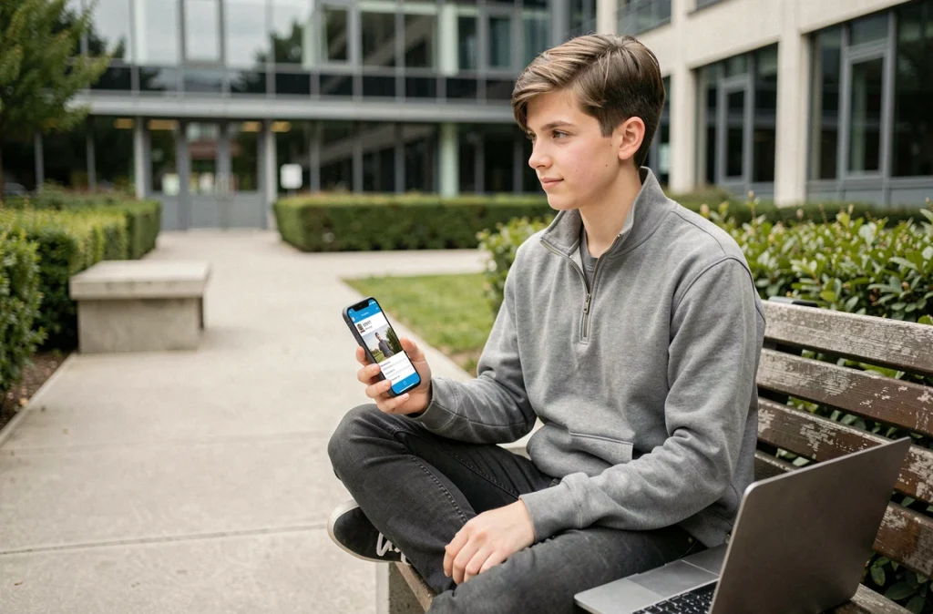 Étudiant consultant l'ENT de son IUT sur smartphone en extérieur dans un campus universitaire