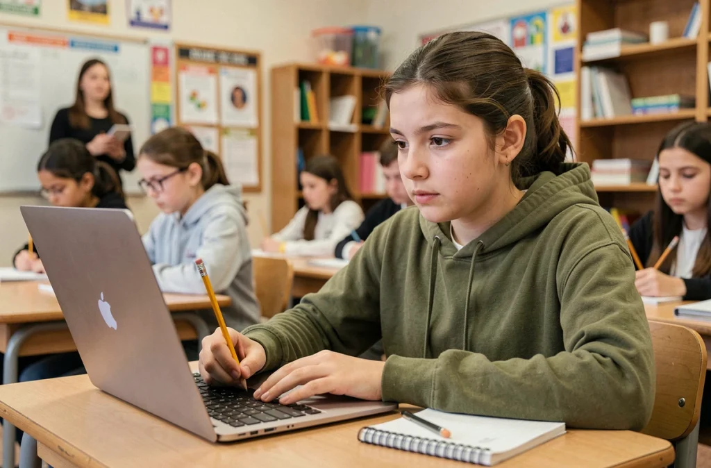 Élève répondant à une évaluation en ligne sur ordinateur portable en classe avec Habilec