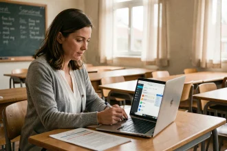 Enseignante évaluant ses élèves sur un tableau de bord numérique Habilec depuis son bureau en classe