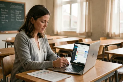 Enseignante évaluant ses élèves sur un tableau de bord numérique Habilec depuis son bureau en classe
