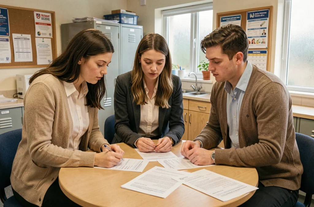 Groupe de jeunes enseignants stagiaires du primaire consultant des fiches de paie et contrats dans une salle des professeurs