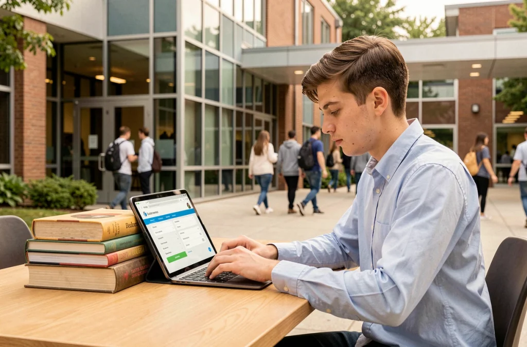 Étudiant masculin accédant aux services en ligne de l'université d'Angers depuis un espace de travail sur le campus