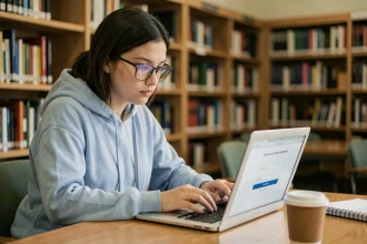 Étudiante connectée à son compte ENT sur un ordinateur portable dans une bibliothèque universitaire