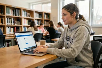 Étudiante connectée au portail universitaire d'Angers sur son ordinateur en bibliothèque