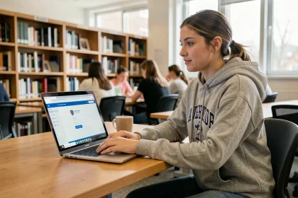 Étudiante connectée au portail universitaire d'Angers sur son ordinateur en bibliothèque