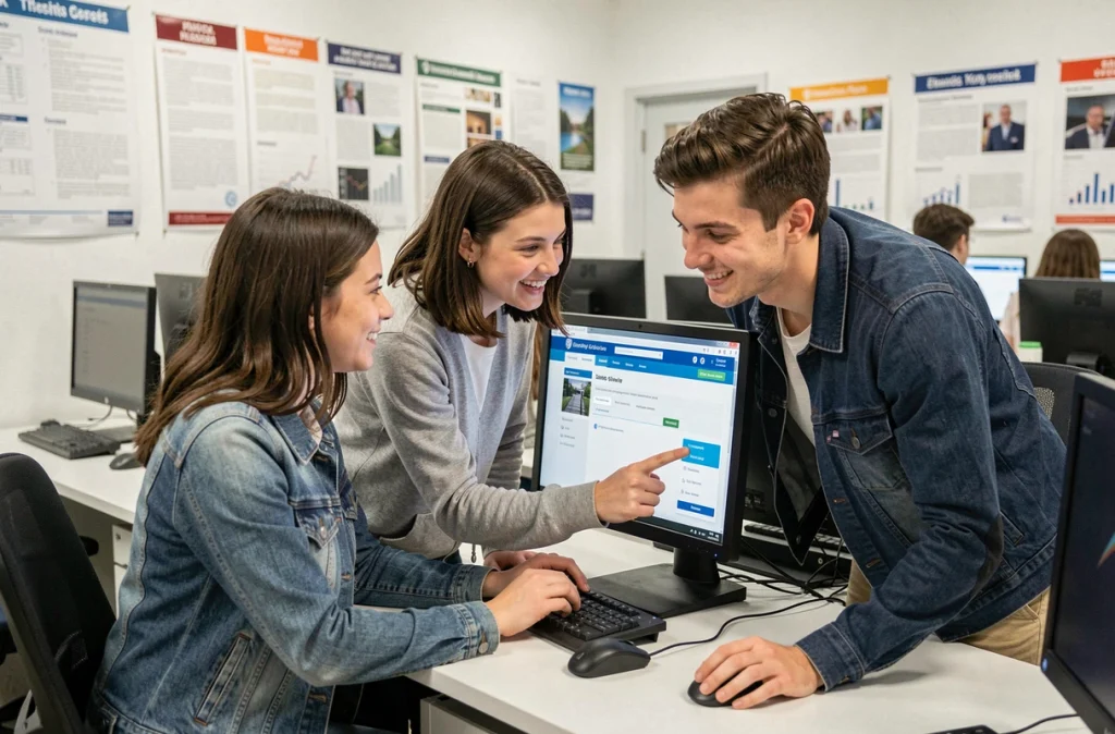 Deux étudiants consultant ensemble le portail de connexion de l'université d'Angers dans une salle informatique