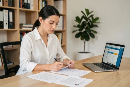 Femme concentrée analysant des documents sur une formation en ligne à son bureau à domicile
