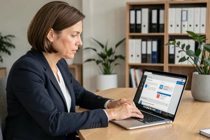 Femme adulte utilisant une plateforme e-learning Moodle sur un ordinateur portable dans un bureau professionnel