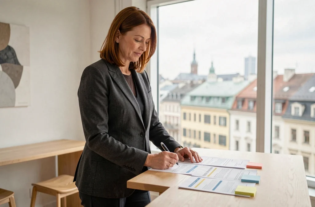 Femme cadre en reconversion annotant son CV au format suisse dans un bureau minimaliste avec vue sur la ville, illustrant la structuration d'un parcours atypique