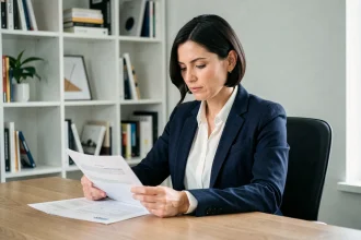 Femme de 38 ans relisant son CV suisse format reconversion à son bureau à domicile, illustrant la valorisation d'un parcours atypique