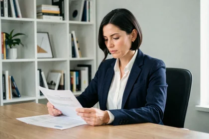 Femme de 38 ans relisant son CV suisse format reconversion à son bureau à domicile, illustrant la valorisation d'un parcours atypique