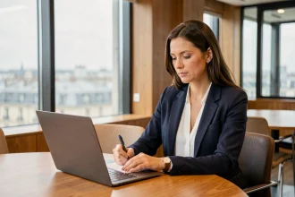 Professionnelle en blazer marine prenant des notes lors d'une conférence digitale à Paris