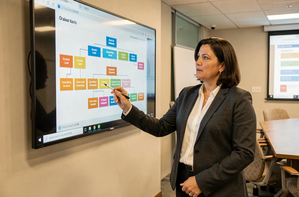 Formatrice expliquant les niveaux d'habilitation sur un écran de salle de conférence professionnelle