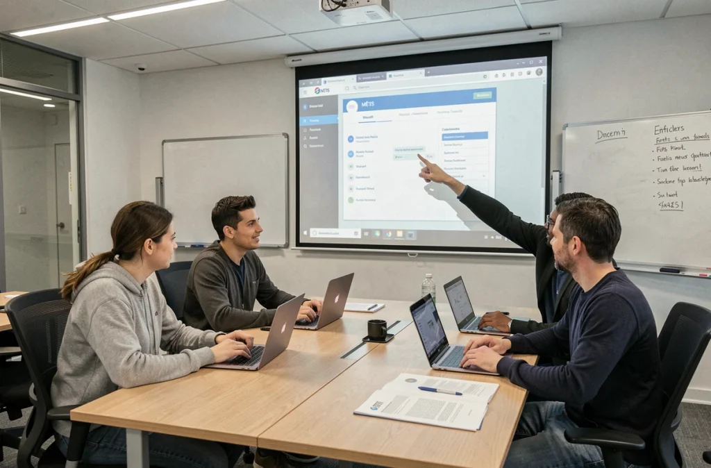 Groupe de stagiaires AFPA en session de formation autour de la plateforme numérique MÈTIS projetée en salle de cours