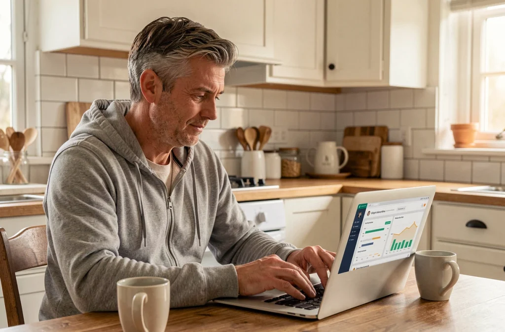 Homme adulte en télétravail accédant à un cours en ligne sur une plateforme Moodle depuis sa cuisine