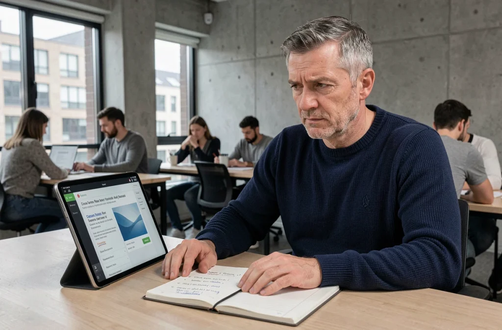 Homme évaluant un avis de formation sur tablette dans un espace de coworking moderne