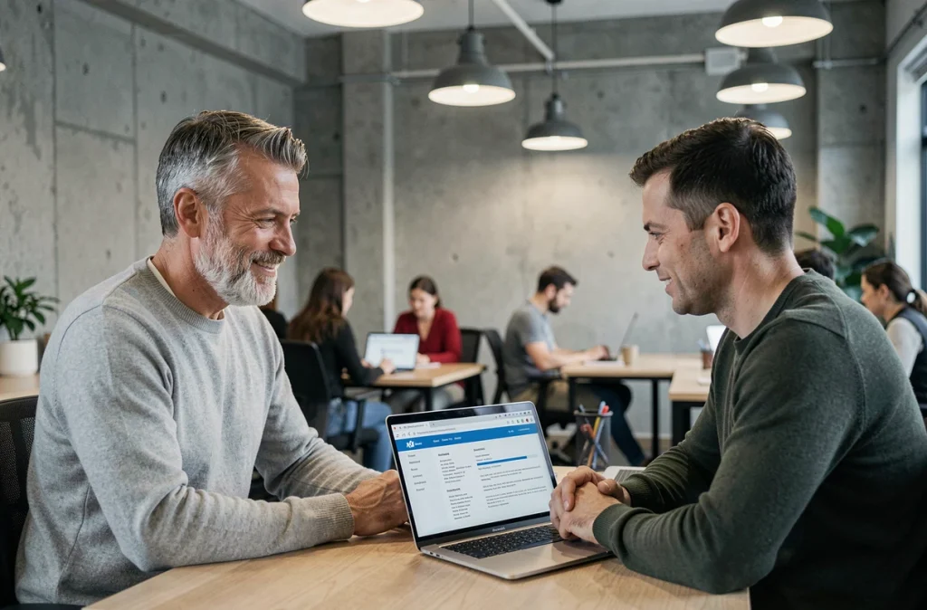 Homme en reconversion professionnelle consultant un conseiller carrière sur le format CV suisse dans un espace de coworking moderne