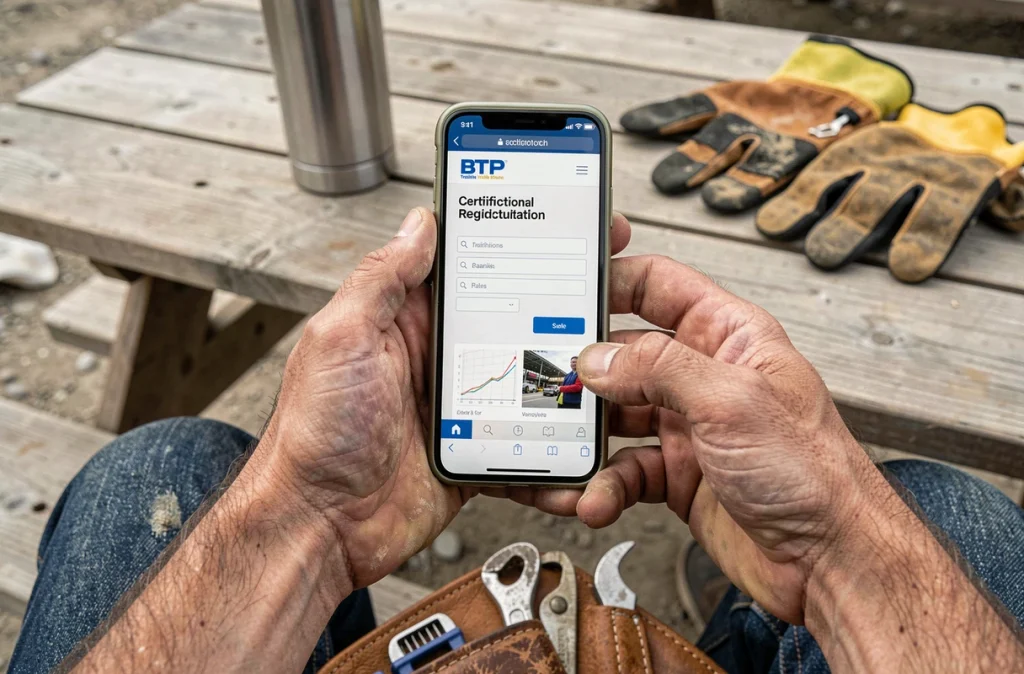 Mains d'un ouvrier du bâtiment consultant un site d'inscription CPF sur smartphone lors d'une pause sur chantier
