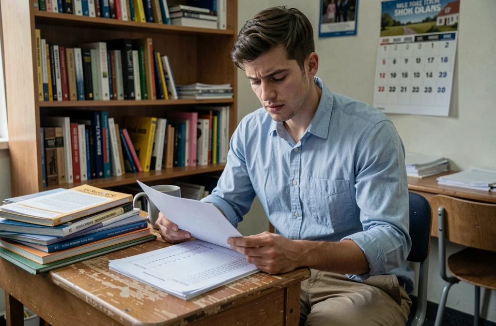 Jeune professeur stagiaire du primaire corrigeant des copies à son bureau avec des cahiers et un registre de notes