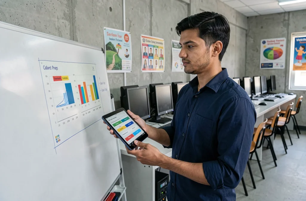 Professeur consultant les résultats d'évaluation de ses élèves sur une tablette dans une salle informatique