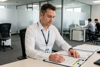 Professionnel en bureau étudiant des documents classifiés liés aux niveaux d'habilitation sécuritaire