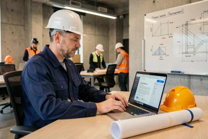 Salarié du bâtiment consultant une plateforme de certification CPF sur un ordinateur portable dans un centre de formation professionnel
