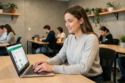 Stagiaire AFPA connectée à la plateforme MÈTIS sur un ordinateur portable dans un espace de formation professionnel