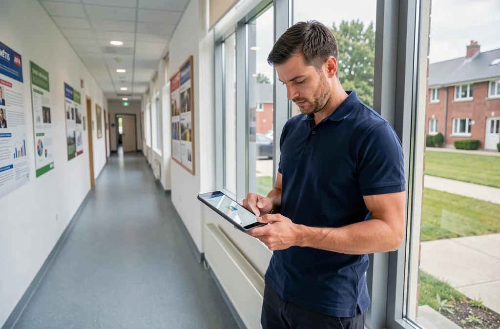 Stagiaire masculin consultant son espace MÈTIS AFPA sur tablette dans le couloir d'un centre de formation