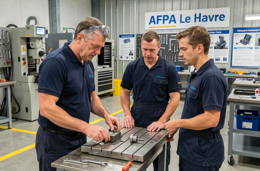 Formateur AFPA guidant des stagiaires adultes dans un atelier de formation technique au Havre