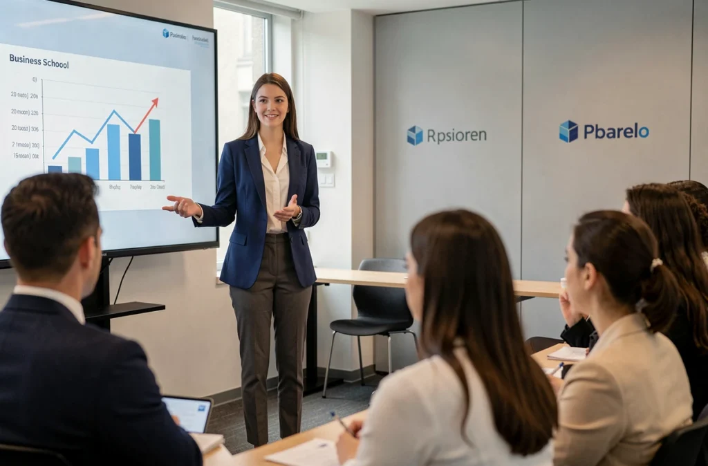 Étudiante présentant un projet business à l'Athena Business School Paris