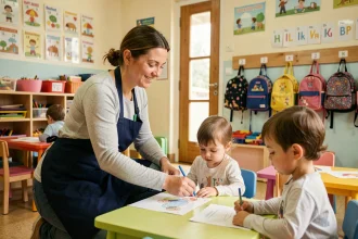 ATSEM en tablier marine aidant des enfants en maternelle dans une salle de classe colorée