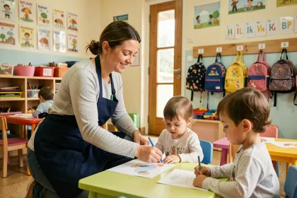 ATSEM en tablier marine aidant des enfants en maternelle dans une salle de classe colorée