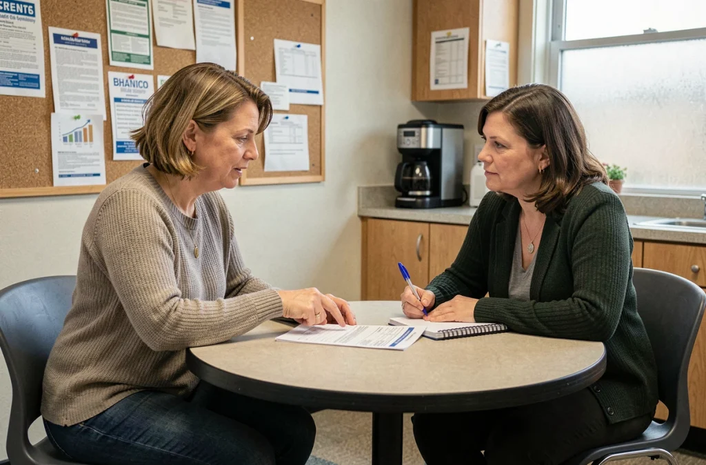Deux ATSEM discutant de primes de salaire autour d'une fiche de paie dans une salle de pause municipale