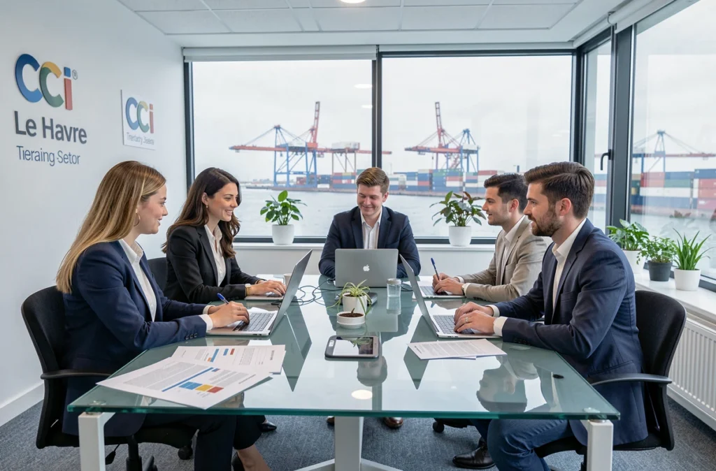 Étudiants adultes en formation tertiaire dans une salle CCI Formation au Havre avec vue sur le port