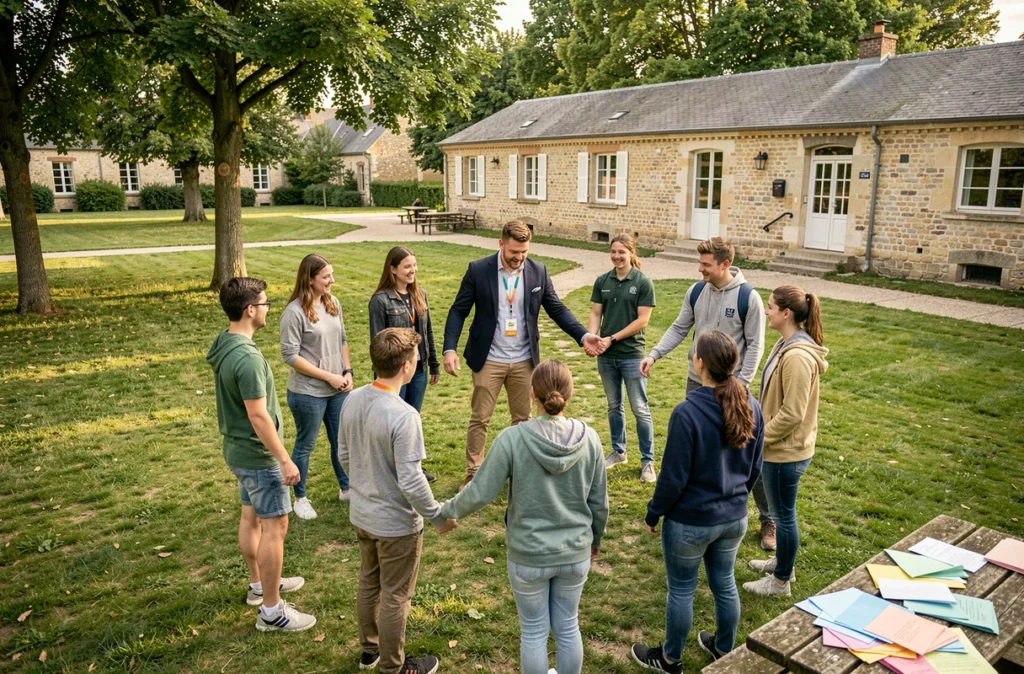 Animateur CEMEA Rouen encadrant une activité d'éducation populaire en extérieur avec un groupe de jeunes adultes