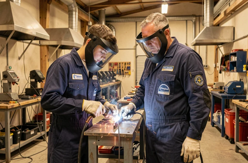 Jeune apprenti en atelier de soudure sous la supervision d'un formateur au CFA de l'Industrie Rouen-Dieppe en Seine-Maritime