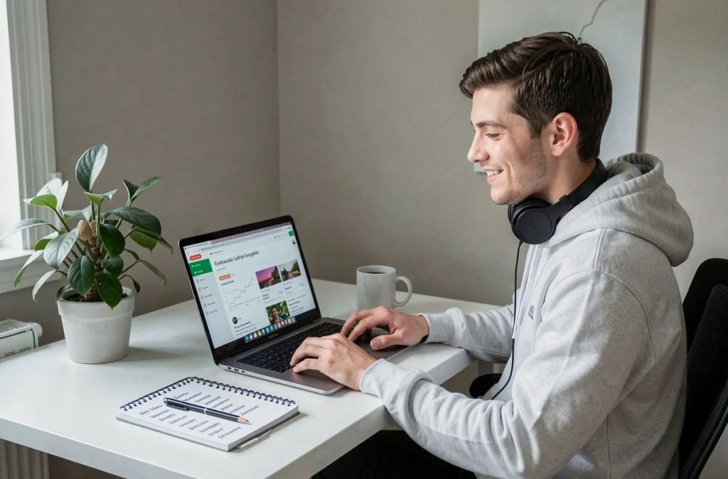 Homme suivant une formation d'anglais en ligne éligible CPF sur la plateforme Clic Campus depuis son domicile